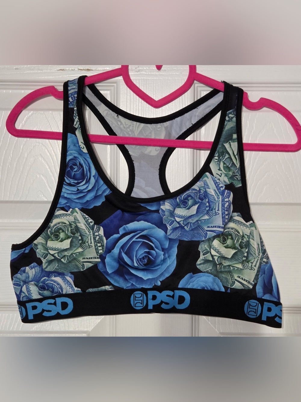 PSD Black Sports Bra with Blue Rose & Money Print Size XX-Large
